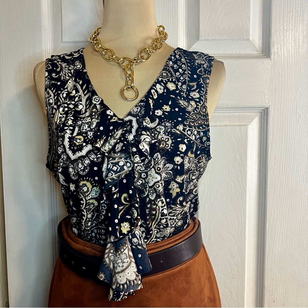 Brittany Black Vintage Y2K Boho Paisley Sequin Ruffle Blouse Size Large - Picture 3 of 8